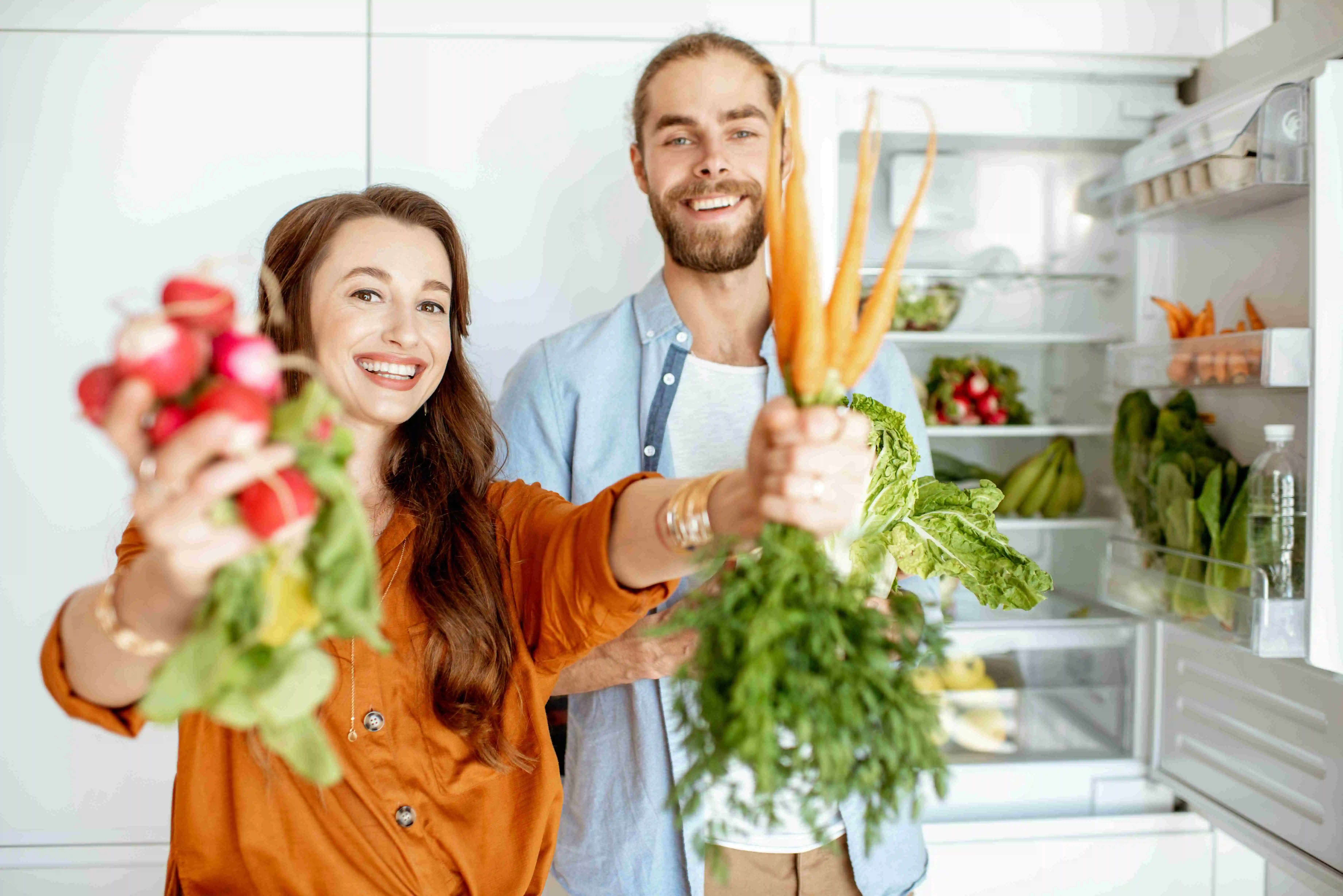 young couple with healthy food